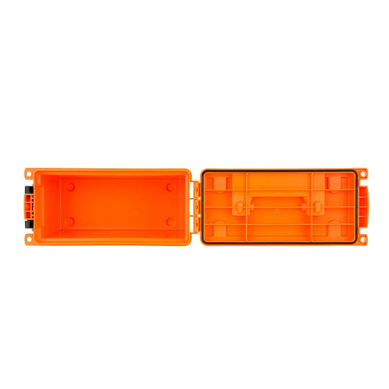 Safety orange plastic field box opened to show empty interior compartments