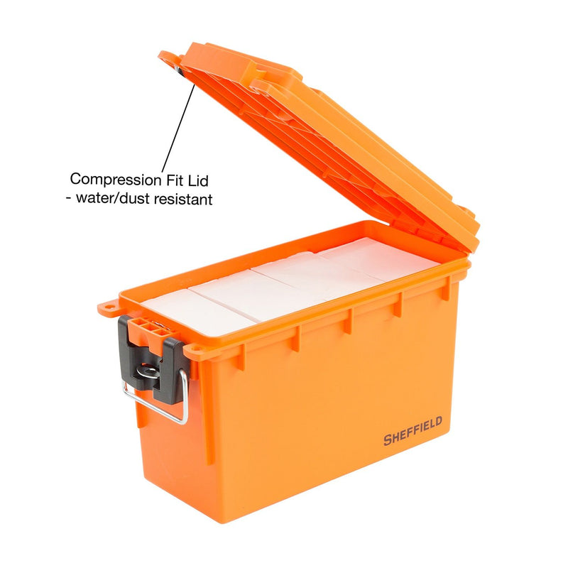 Safety orange plastic field box with open lid and white interior insert