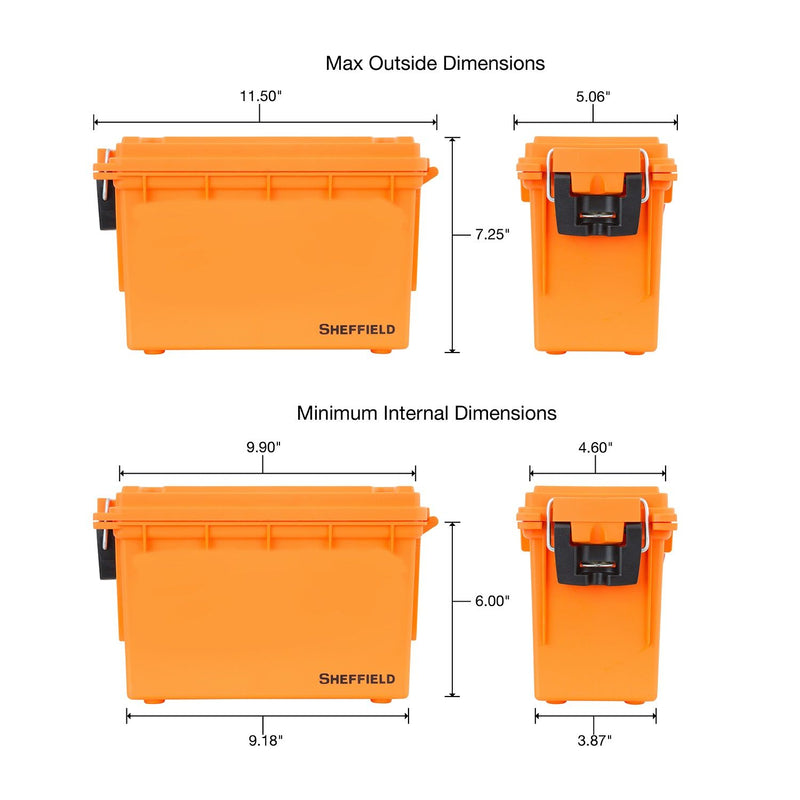 Safety orange plastic field box with labeled size dimensions and latch view