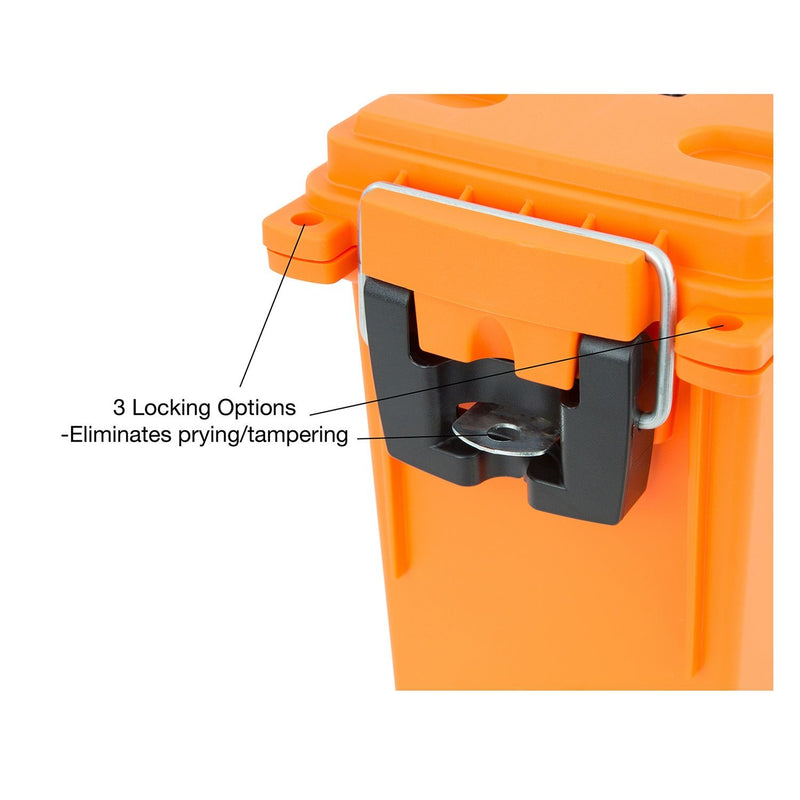 Safety orange field box close-up with metal latch and locking tabs