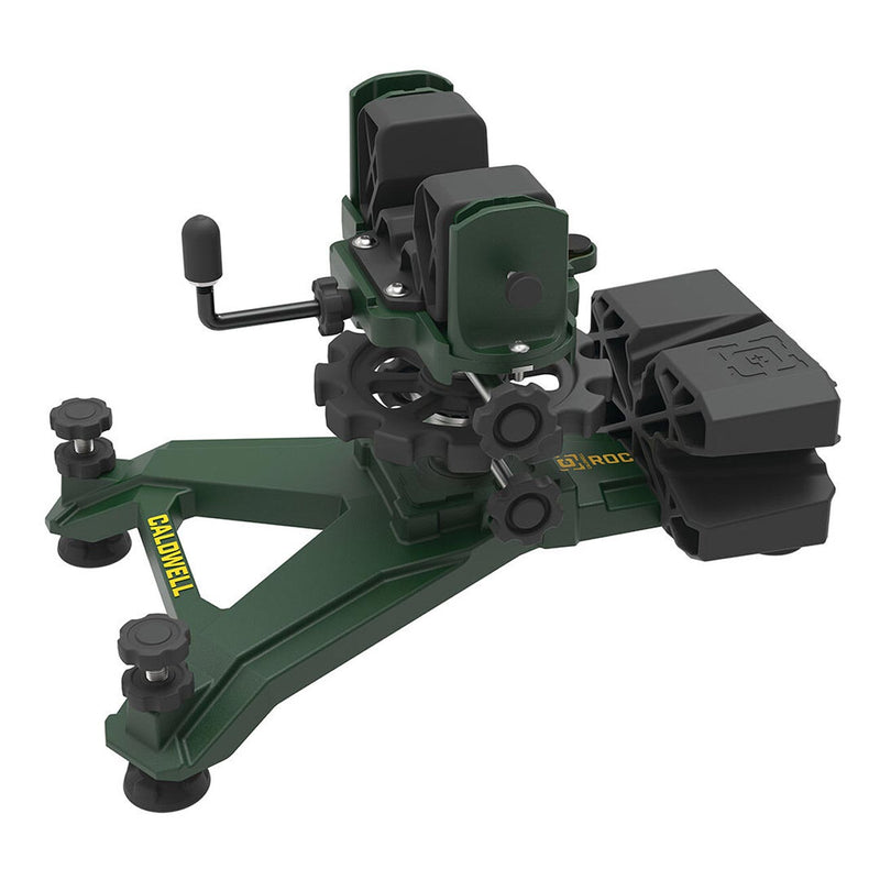Green shooting rest with black top clamps and side handle for aiming support.