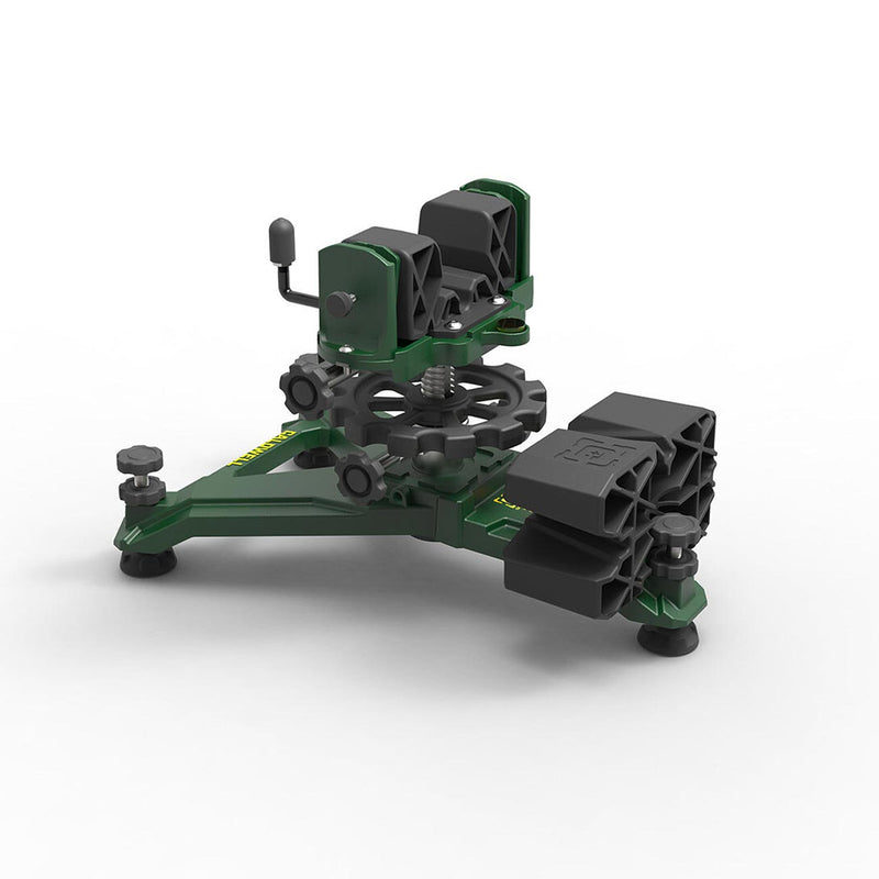 Green and black shooting rest with dual support blocks and front leveling feet.