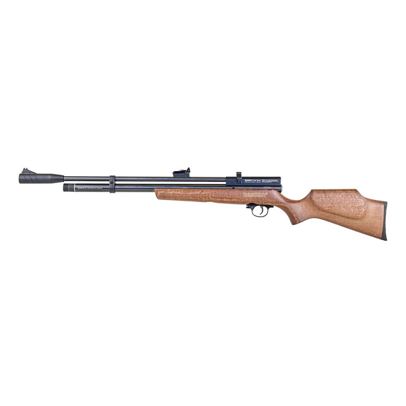 Wood-stock air rifle with scope and black barrel, long side profile