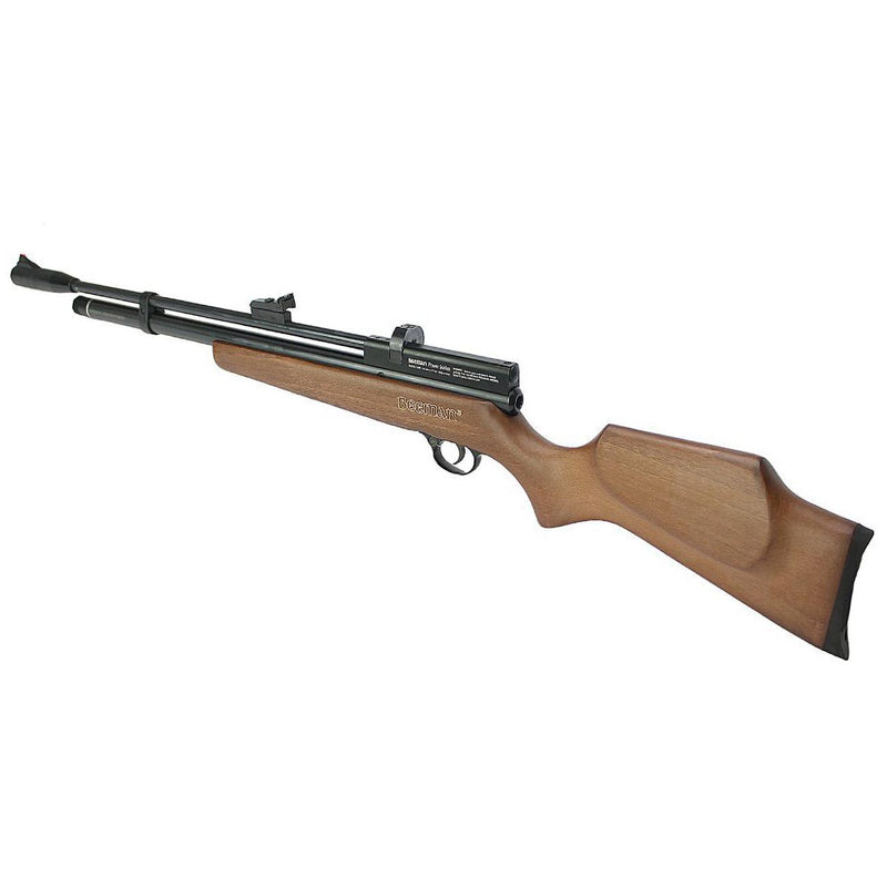 Wood-stock air rifle with black receiver and barrel, angled side view