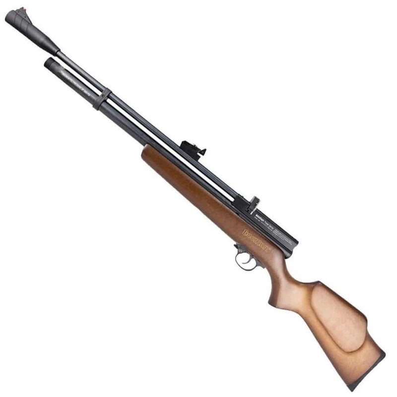 Wood-stock air rifle with black barrel shroud, close angled view