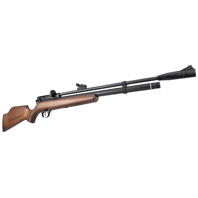 Wood-stock air rifle with black barrel, scope mount and rail, side profile