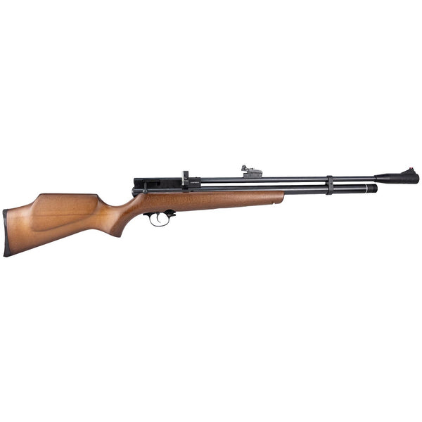 Wood-stock air rifle with black barrel and scope, side view