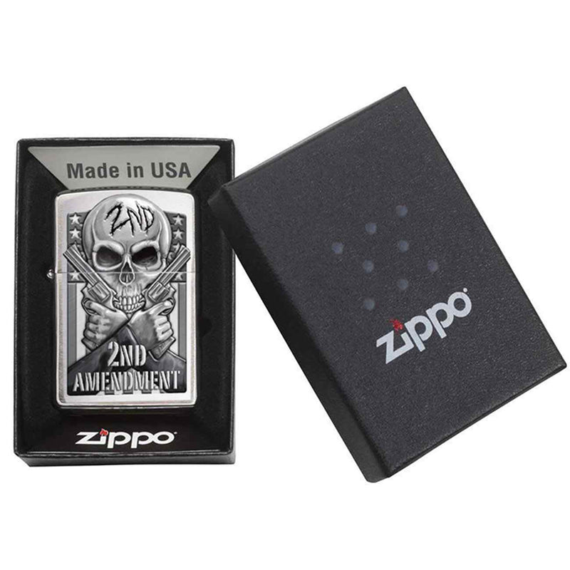 *78702* Zippo 78702 Windproof Lighter Second Amendment Skull And Guns Brushed Chrome - Sports & Outdoor