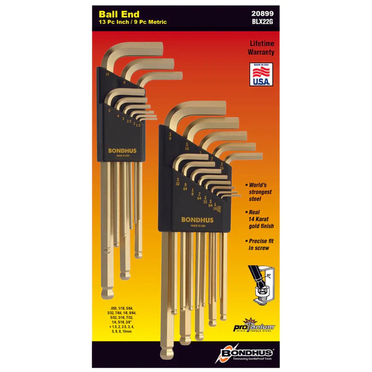 Bondhus Goldguard Plated Balldriver Metric/sae Ball End Hex L-keys Double Set (22 Piece) - Hand Tools