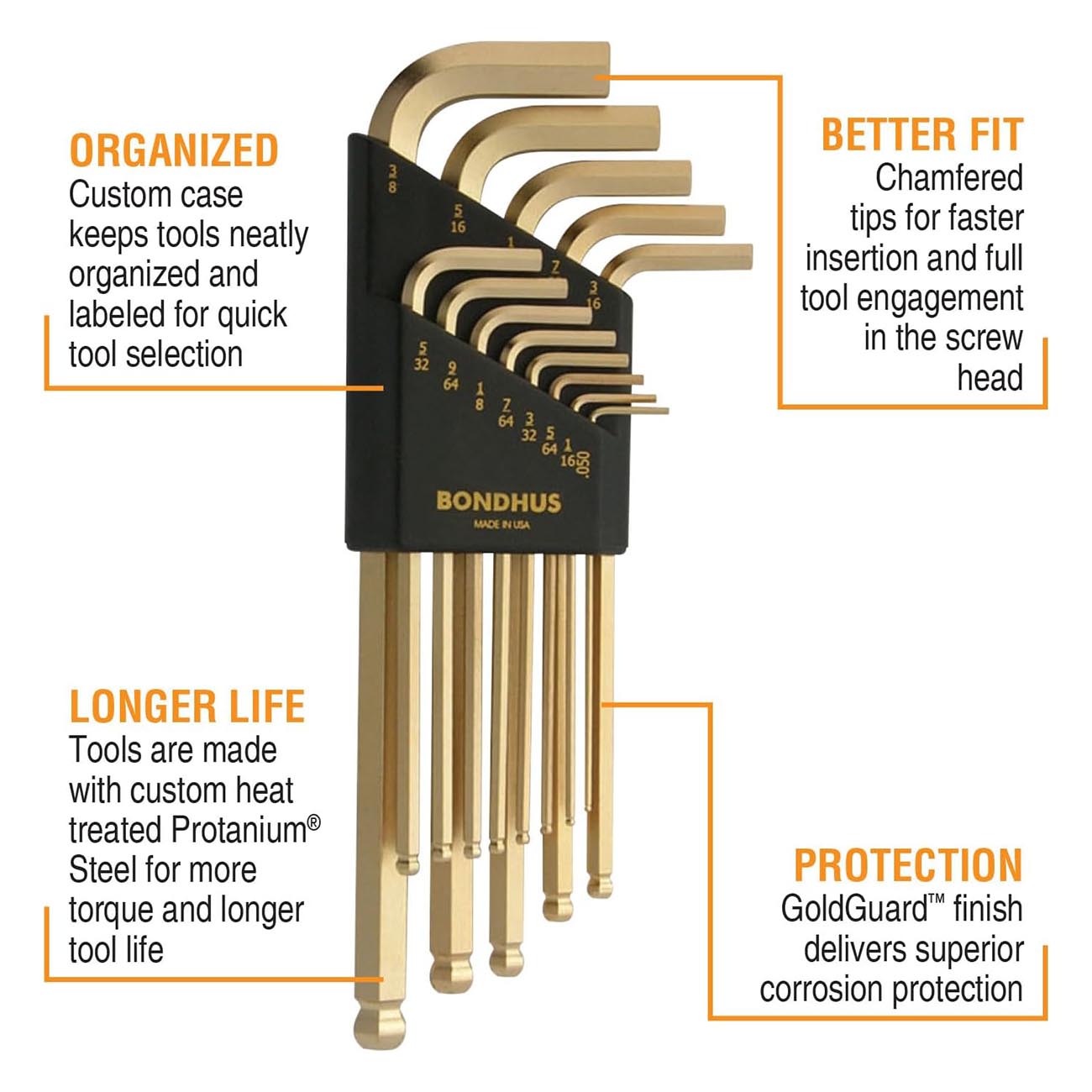 Bondhus Goldguard Plated Balldriver Metric/sae Ball End Hex L-keys Double Set (22 Piece) - Hand Tools