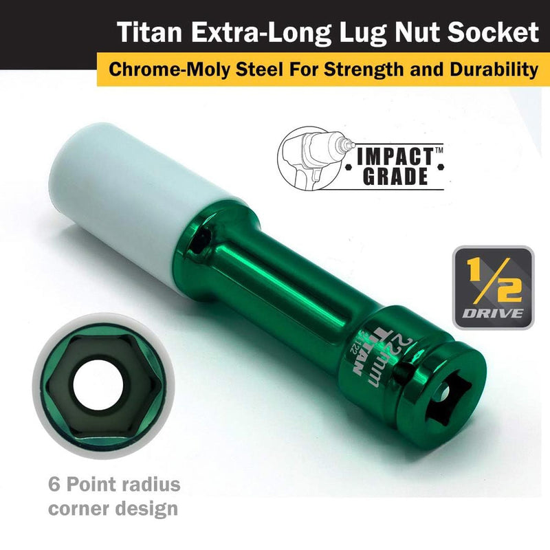 Extra-long green lug nut socket for 1/2 in drive, non-marring white sleeve, 6-point