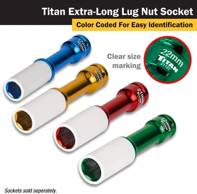 Color-coded 22mm lug nut sockets set: blue, gold, red, and green non-marring sleeves