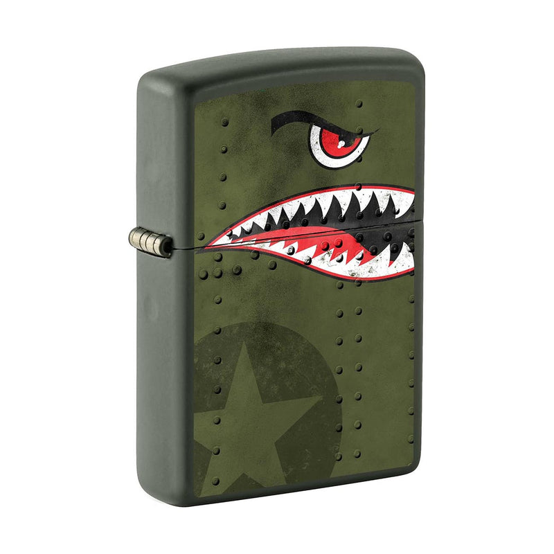 Matte green Zippo windproof lighter with shark teeth nose art on front