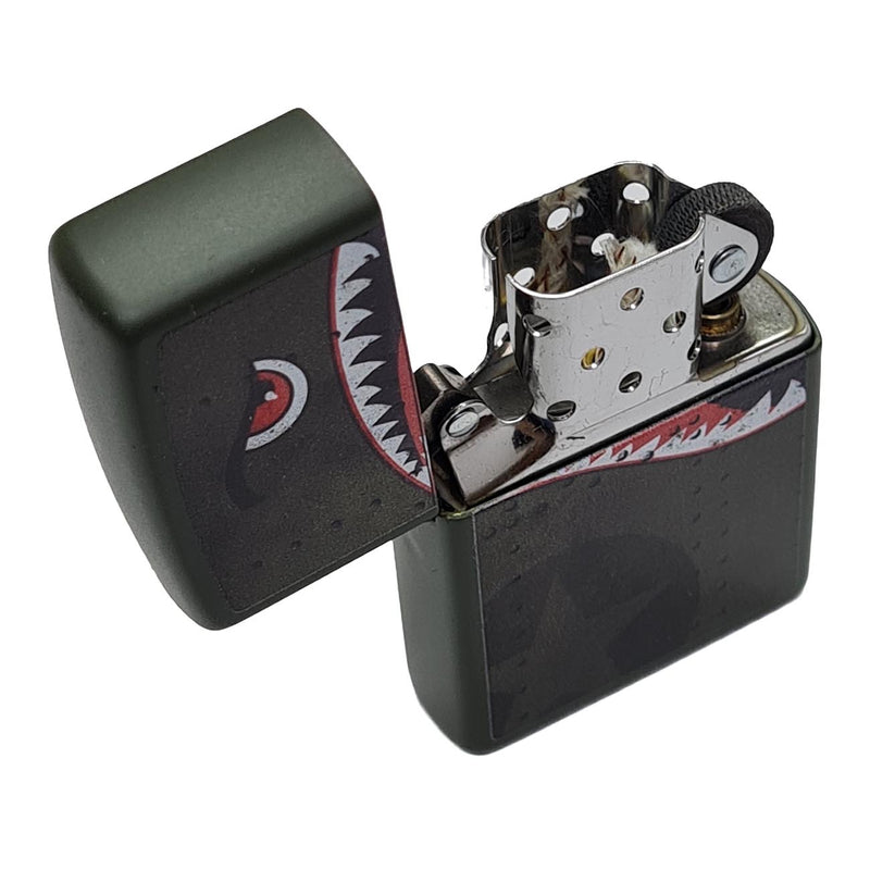 Matte green Zippo windproof lighter with open top and shark teeth nose art