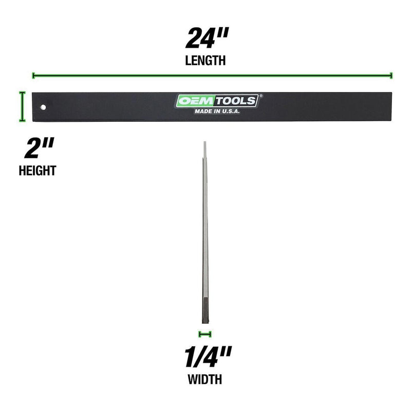 OEM Tools straight edge showing 24 in length, 2 in height, 1/4 in width