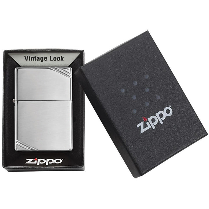 Zippo windproof lighter in gift box with "Vintage Look" card, silver-tone chrome