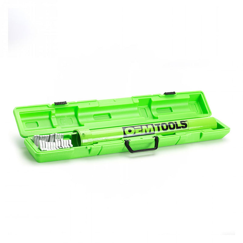 Green storage case with inner tie rod tool set pieces and labeled OEMTOOLS tray