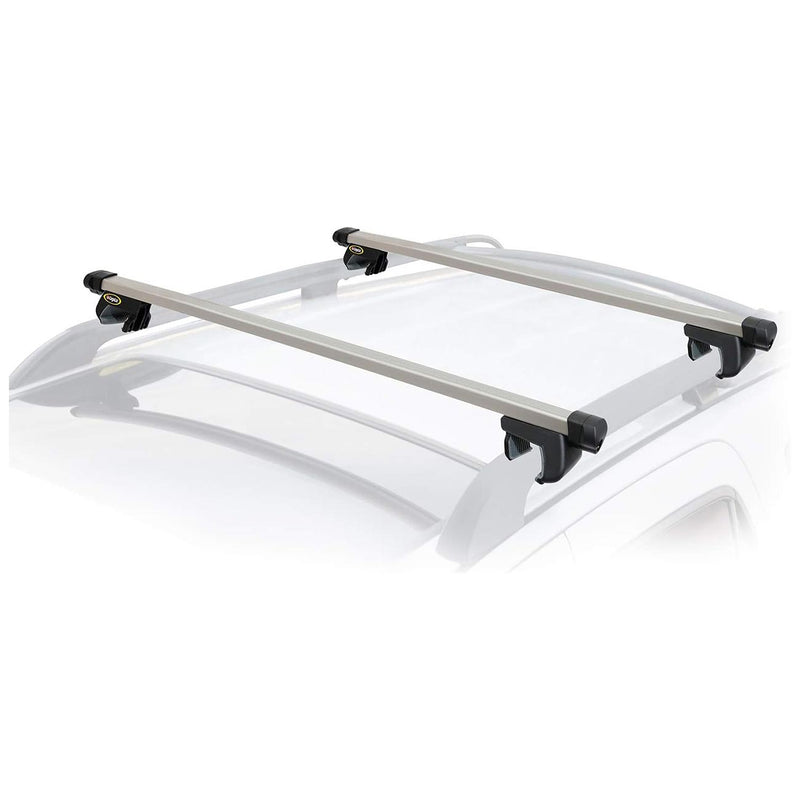 Roof cross bar set with silver rails and black clamps for vehicle mounting