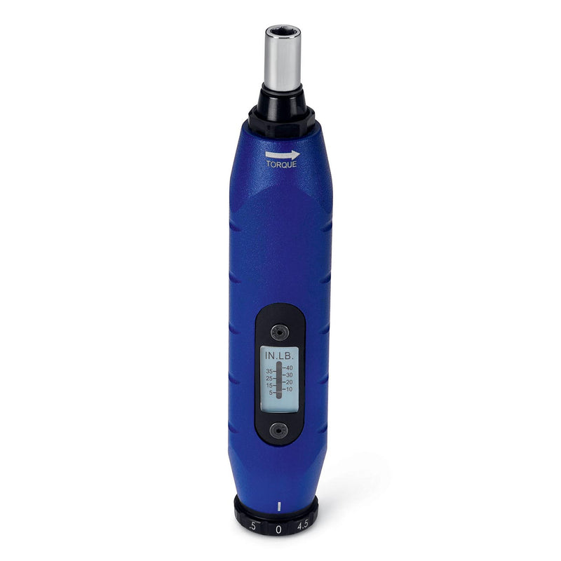 Blue torque screwdriver with in-lb scale and black drive end, upright view