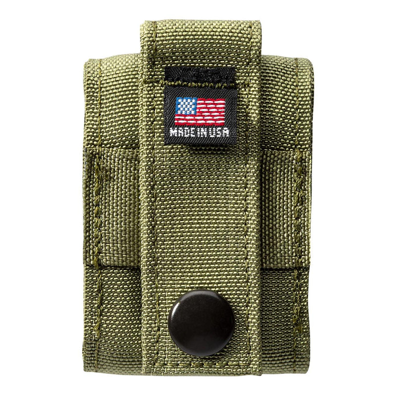 OD green tactical lighter pouch with flag patch, snap button, and front pocket