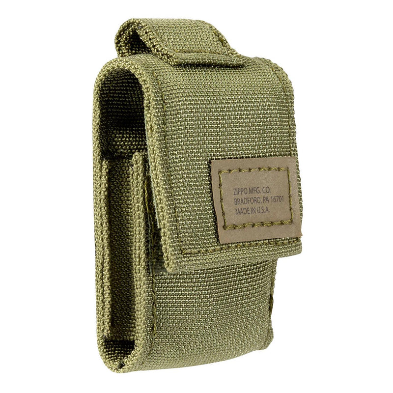 OD green tactical lighter pouch with side pocket opening and stitched brand label