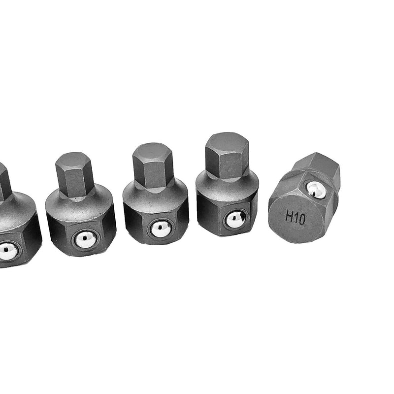 Stubby hex bit set sockets, gray steel; visible H10 marking on one bit