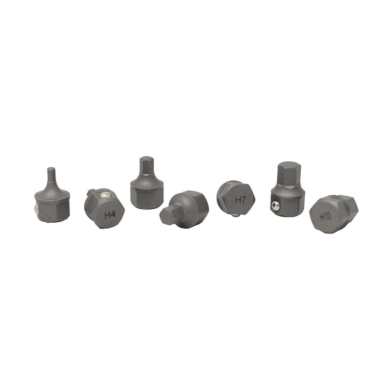 Stubby hex bit set sockets, gray steel; markings H4, H7, and H10 visible