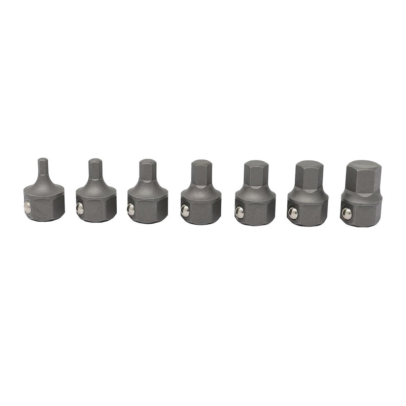 Stubby hex bit set, 7 steel metric sockets with hex tips and square drive ends