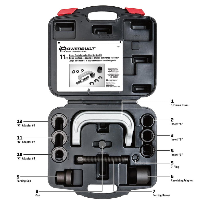 Upper control arm bushing service tool set in hard case with illustrated components layout
