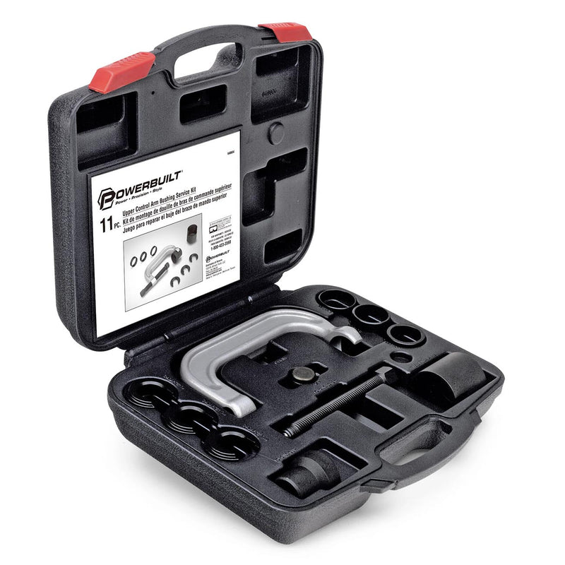 Upper control arm bushing service tool set in open case with forcing screw and adapters