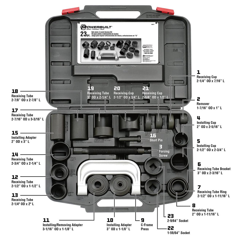 Ball joint service tool kit parts layout diagram with numbered components
