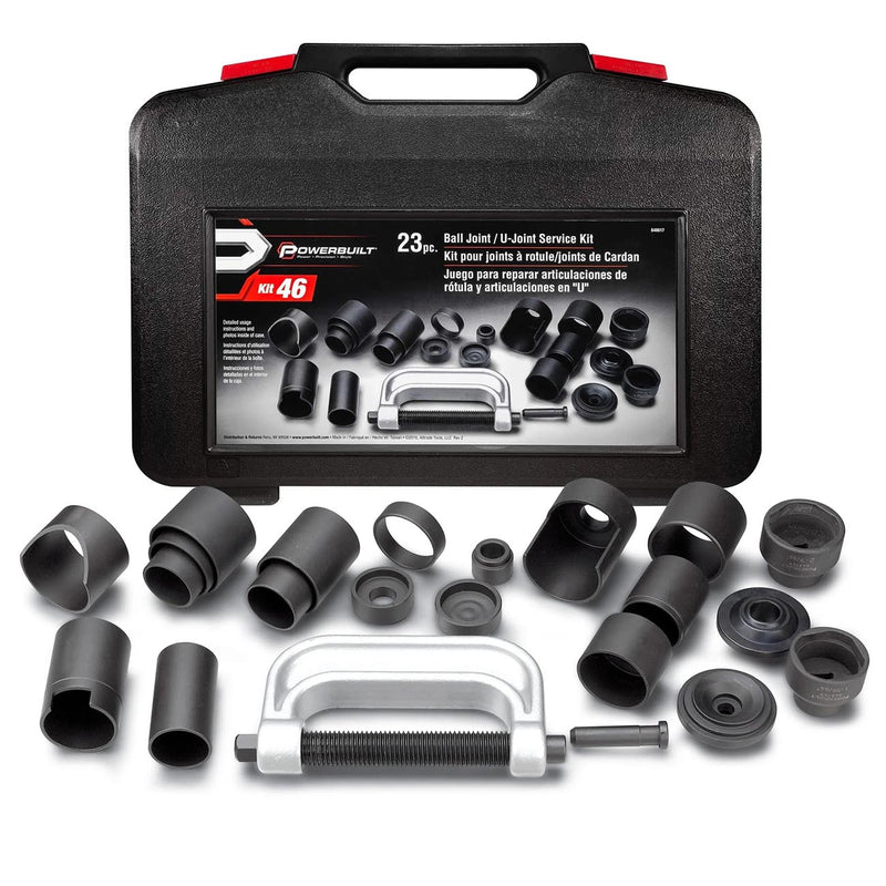 Ball joint service tool set with sockets, adapters, forcing screw, and C-frame
