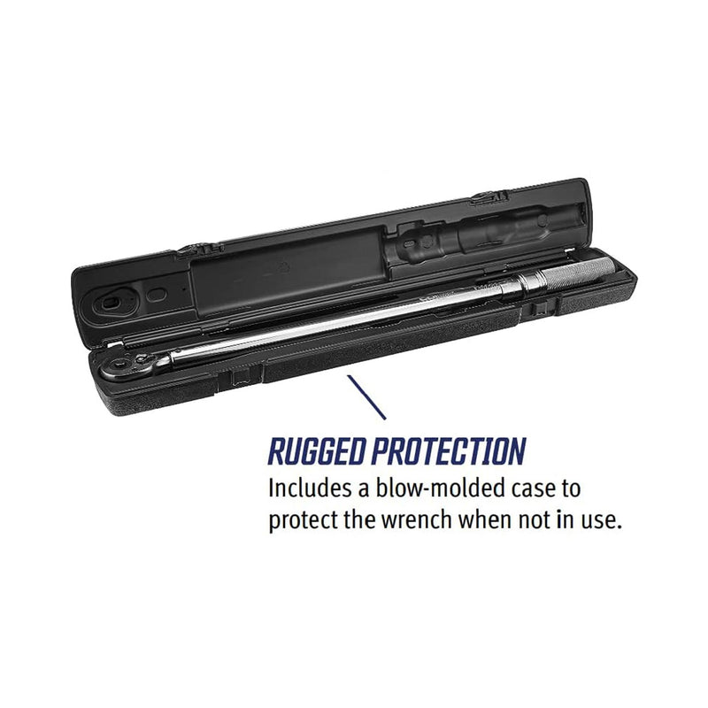 Torque wrench in black protective case with molded slots for storage