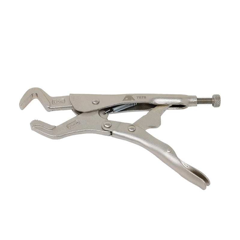 Sway bar parrot pliers, long-handled silver tool with knurled side screw