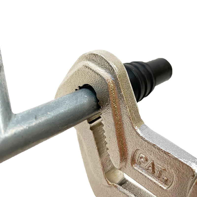 Sway bar parrot pliers, close-up of rounded jaw and black rubber boot
