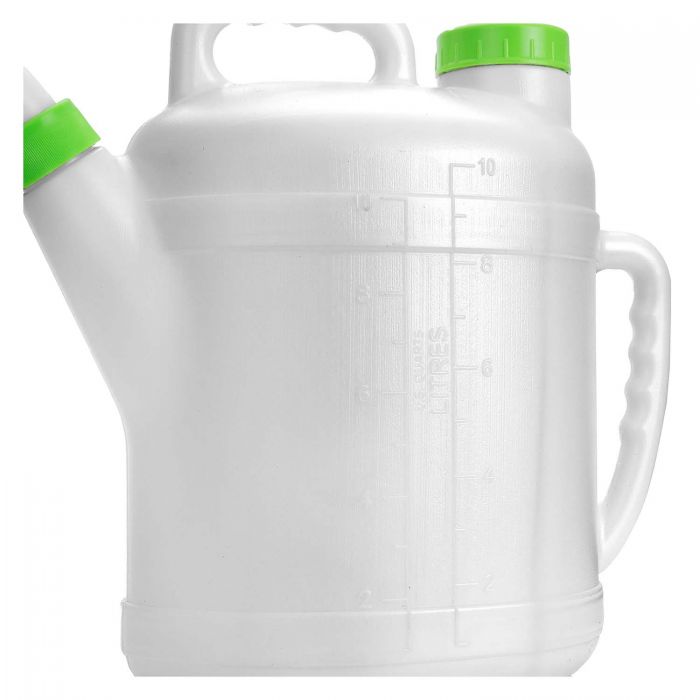 10L white oil jug with green cap and embossed measurement markings
