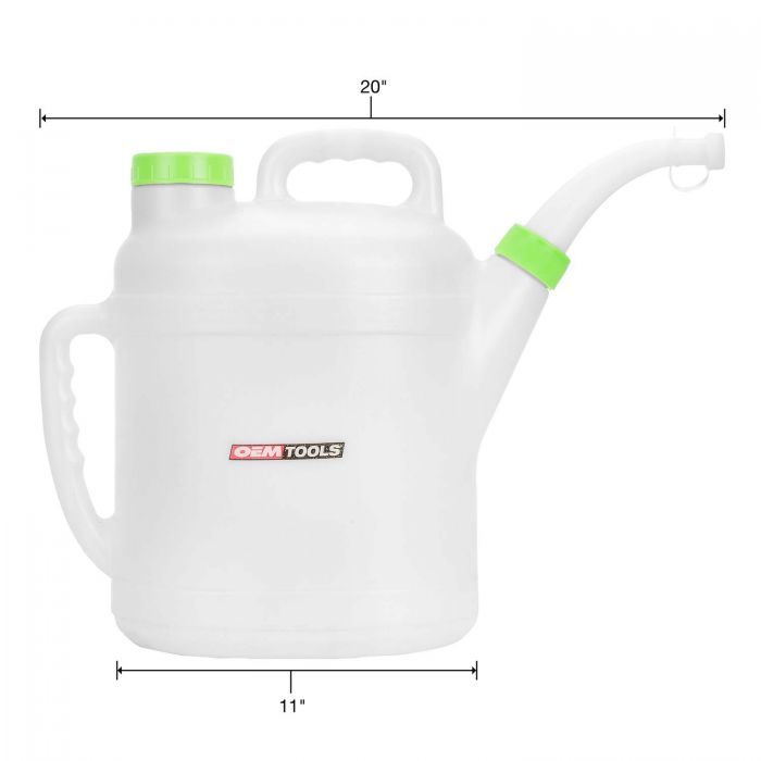 10L oil jug with spout and top handle, green cap; size dimensions shown