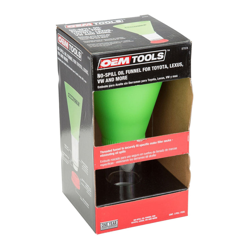 OEMTOOLS oil funnel retail box, no-spill oil funnel for Toyota/Lexus, VW and more