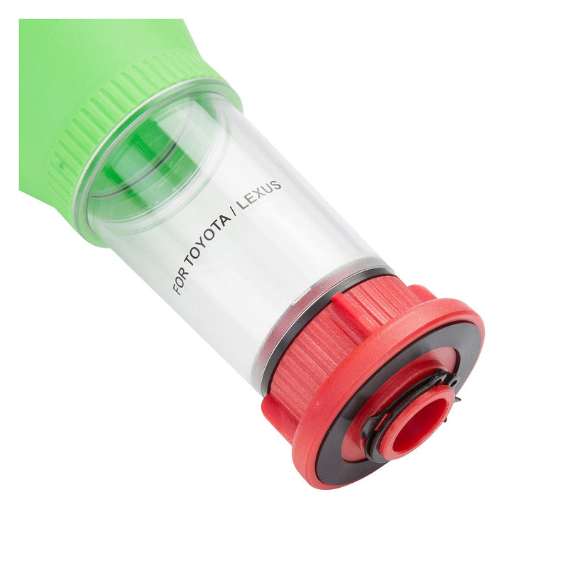 Direct-fit oil funnel connector: green top, clear body, red threaded base
