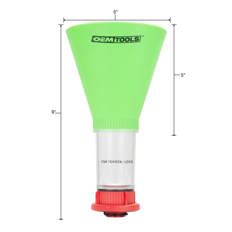 Green oil funnel with clear tube and red bottom ring, marked for Toyota/Lexus