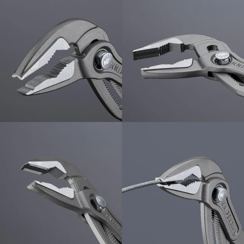 Narrow water pump pliers shown from multiple angles with serrated jaws and red grips