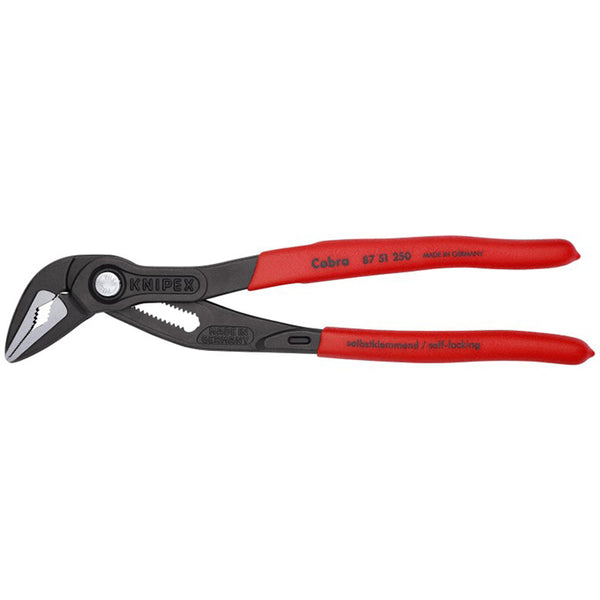 10-inch narrow water pump pliers with red grips and black steel jaws, Knipex