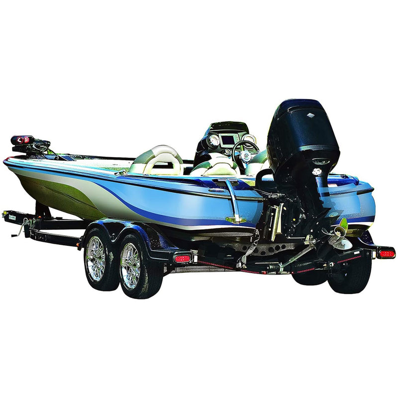 Marine ratcheting tie-down straps installed on a boat bow, black ratchets