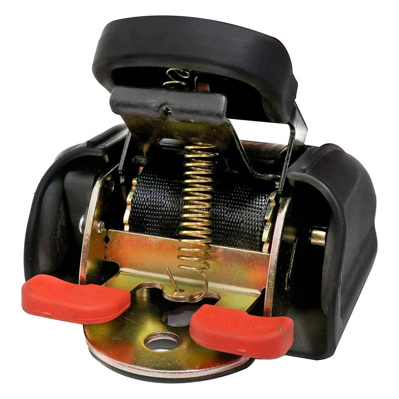 Ratcheting tie-down mechanism with black housing, coil spring, and red release tabs