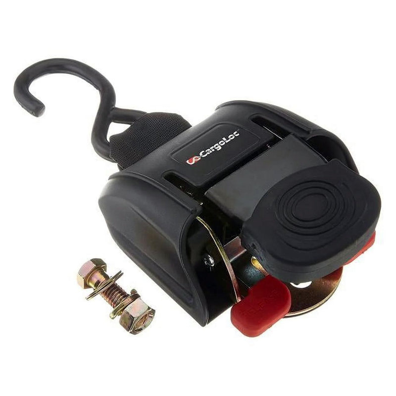 Ratcheting tie-down with black ratchet body, curved hook, and textured strap