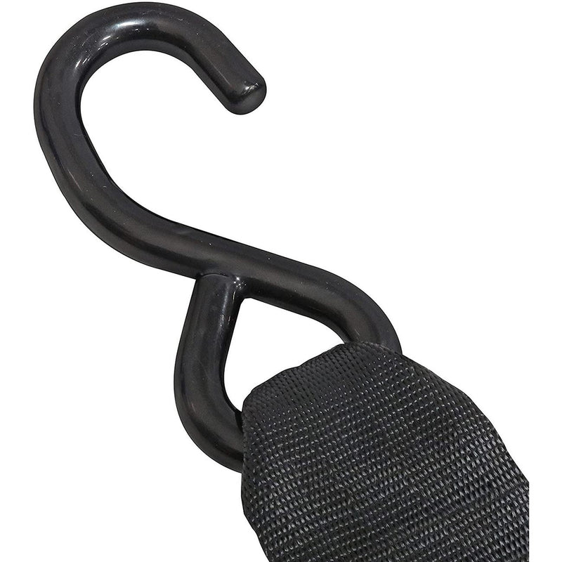 Black S-hook ratchet tie-down with textured webbing strap