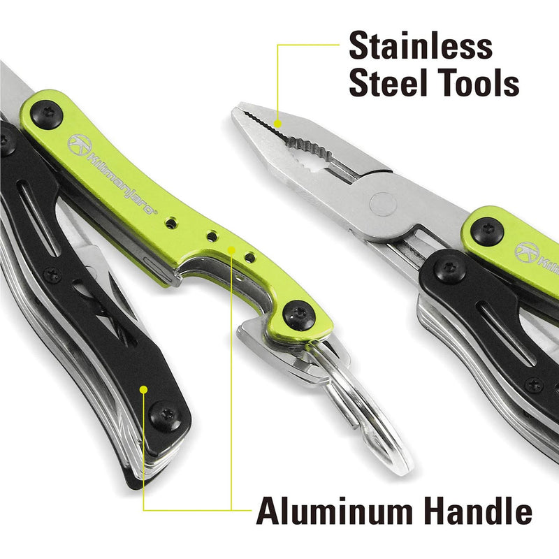 9-in-1 multi-tool close-up with green handle and stainless-steel tools