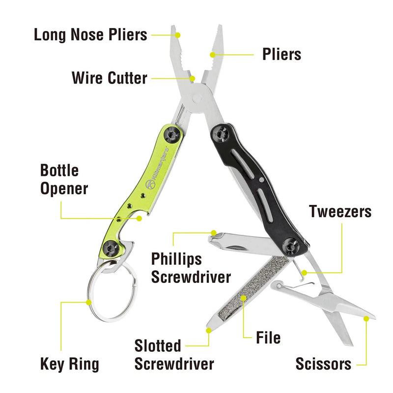 9-in-1 multi-tool with long nose pliers, tweezers, scissors, and screwdrivers