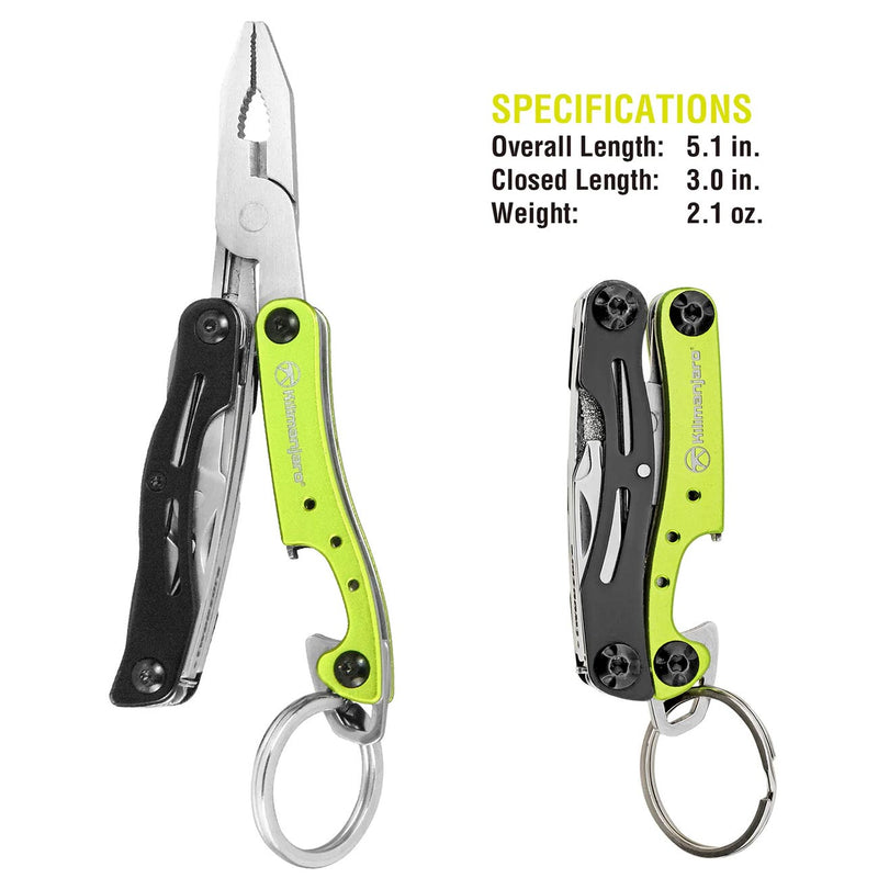 9-in-1 multi-tool with green handle, key ring, and open pliers