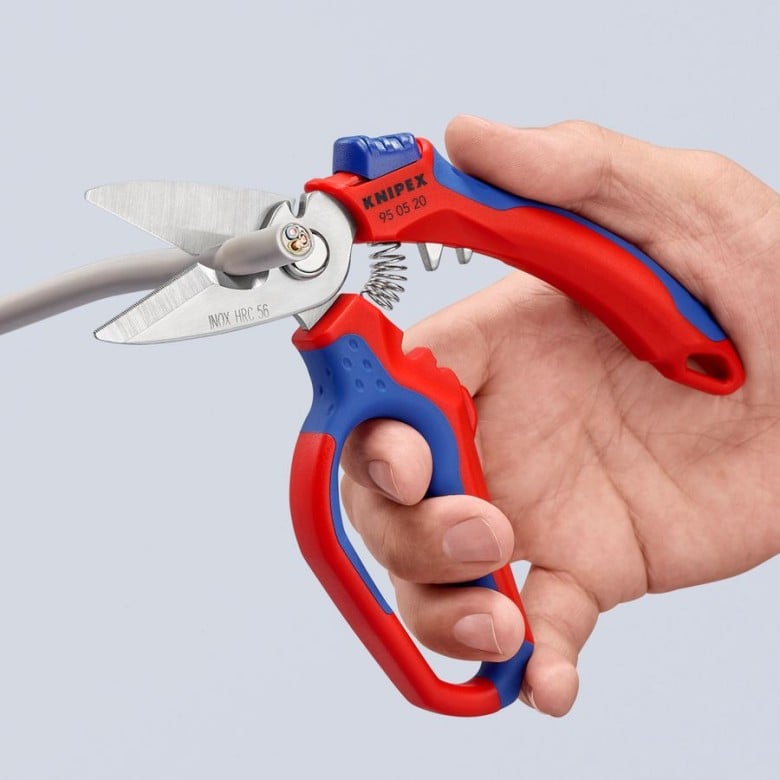 Knipex angled electricians' shears side view, red/blue grips with silver jaws